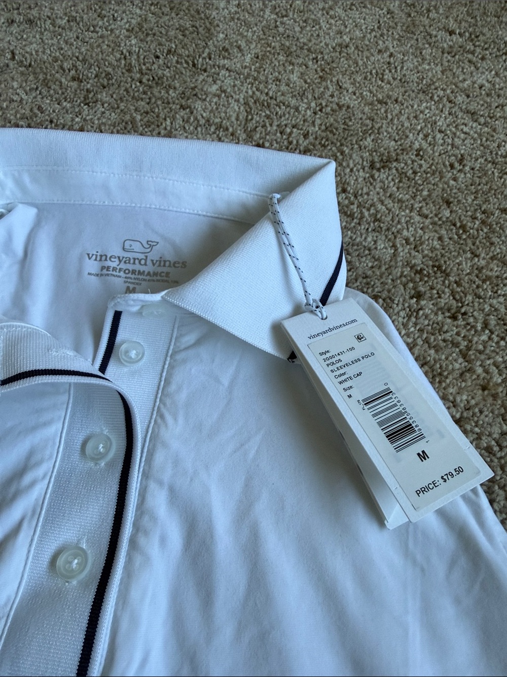 Vineyard Vines performance White Sleeveless Polo with Black Contrast Trim